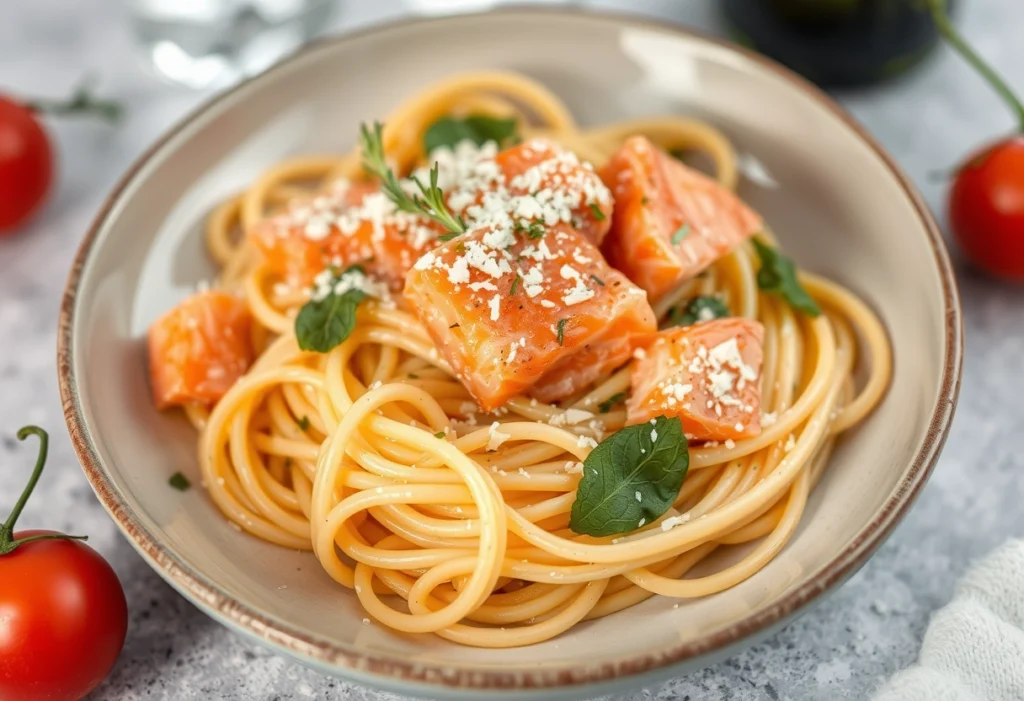 a fresh plate of pasta with cheese and Smoked Salmon.