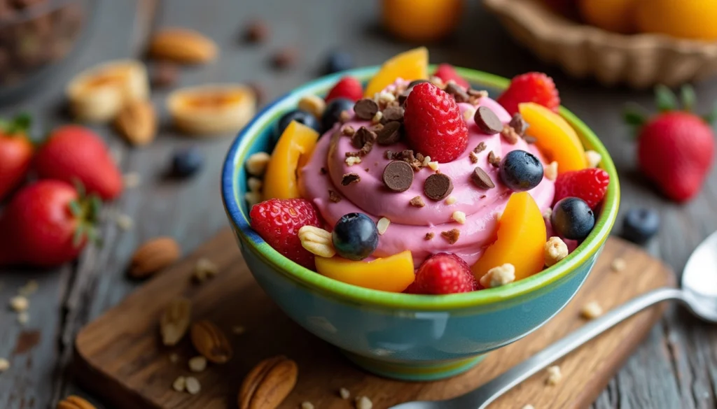 Colorful Ninja Creami dessert topped with fresh fruits and nuts, showcasing healthy dessert options.