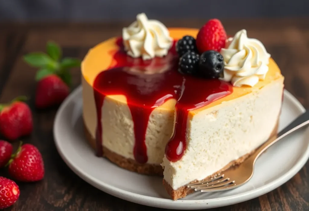 a Philadelphia Cheesecake with berries and whipped cream on top