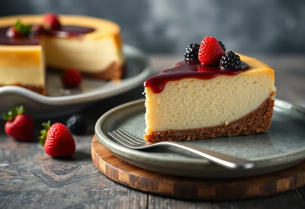 a slice of Philadelphia Cheesecake with berries on top