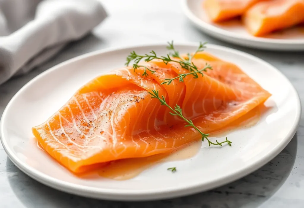 a plate of smoked salmon on a table