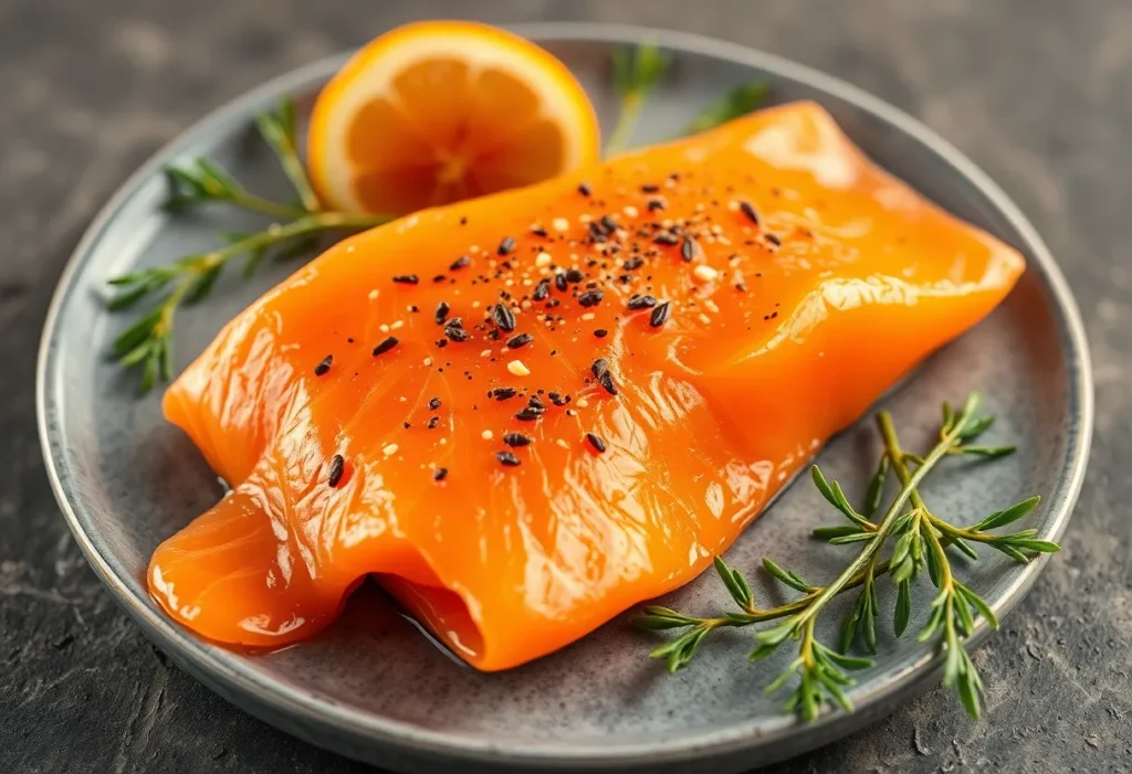 a piece of smoked salmon on a plate