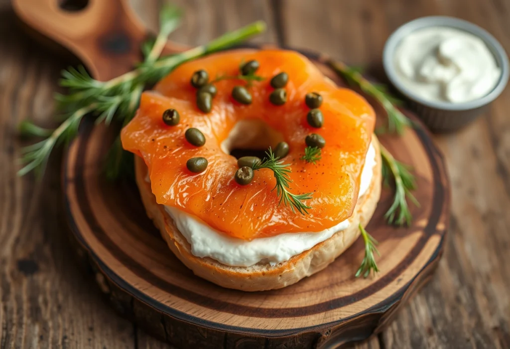 Delicious smoked salmon bagel topped with cream cheese, capers, and dill, served on a wooden board.