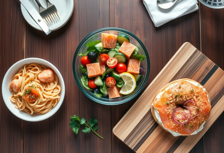 Overhead view of smoked salmon pasta, smoked salmon salad, and smoked salmon bagel on a wooden table, perfect for a recipe blog preview image.