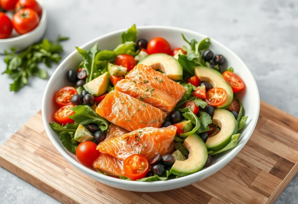 Fresh smoked salmon salad with mixed greens, cherry tomatoes, and avocado, beautifully presented in a bowl.