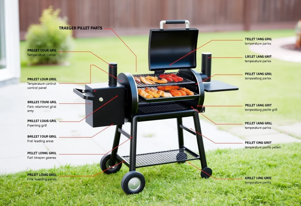 Labeled diagram of a Traeger pellet grill showing key components like the hopper, temperature controls, and grilling surface. traeger recipes