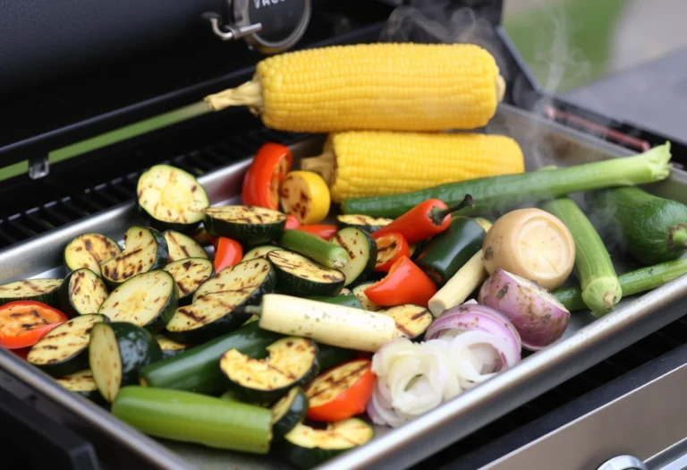 Tray of grilled vegetables on a Traeger grill, including corn, zucchini, and peppers with light grill marks