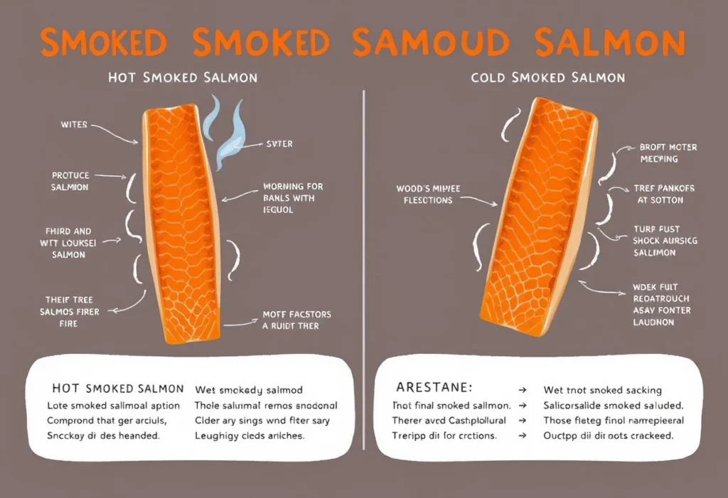 Illustration explaining the smoking process of hot and cold smoked salmon with visual comparisons.