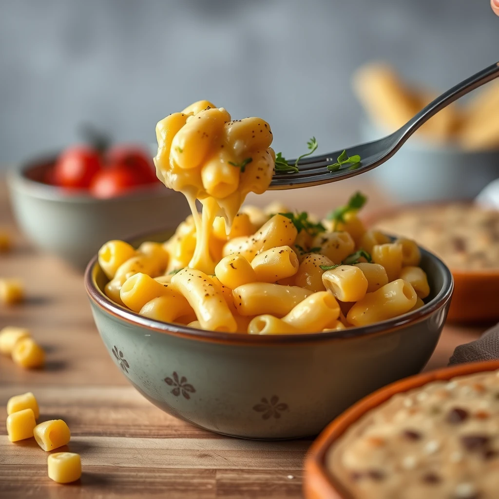 A bowl of creamy homemade macaroni and cheese, featuring perfectly cooked pasta smothered in a rich, gooey cheese sauce, topped with breadcrumbs.