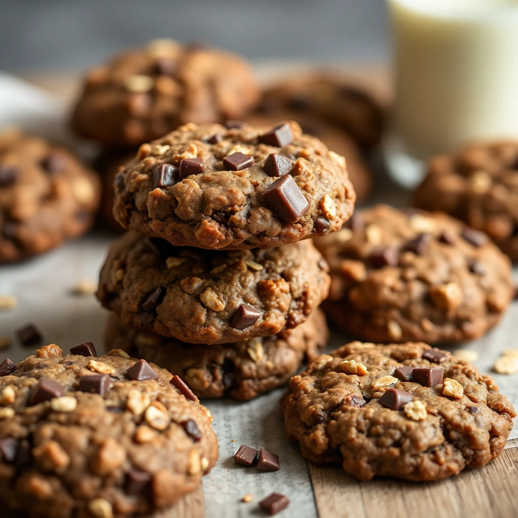 Delicious No-Bake Chocolate Oatmeal Cookies displayed on a rustic table, with a backdrop of ingredients like oats, cocoa, and peanut butter.