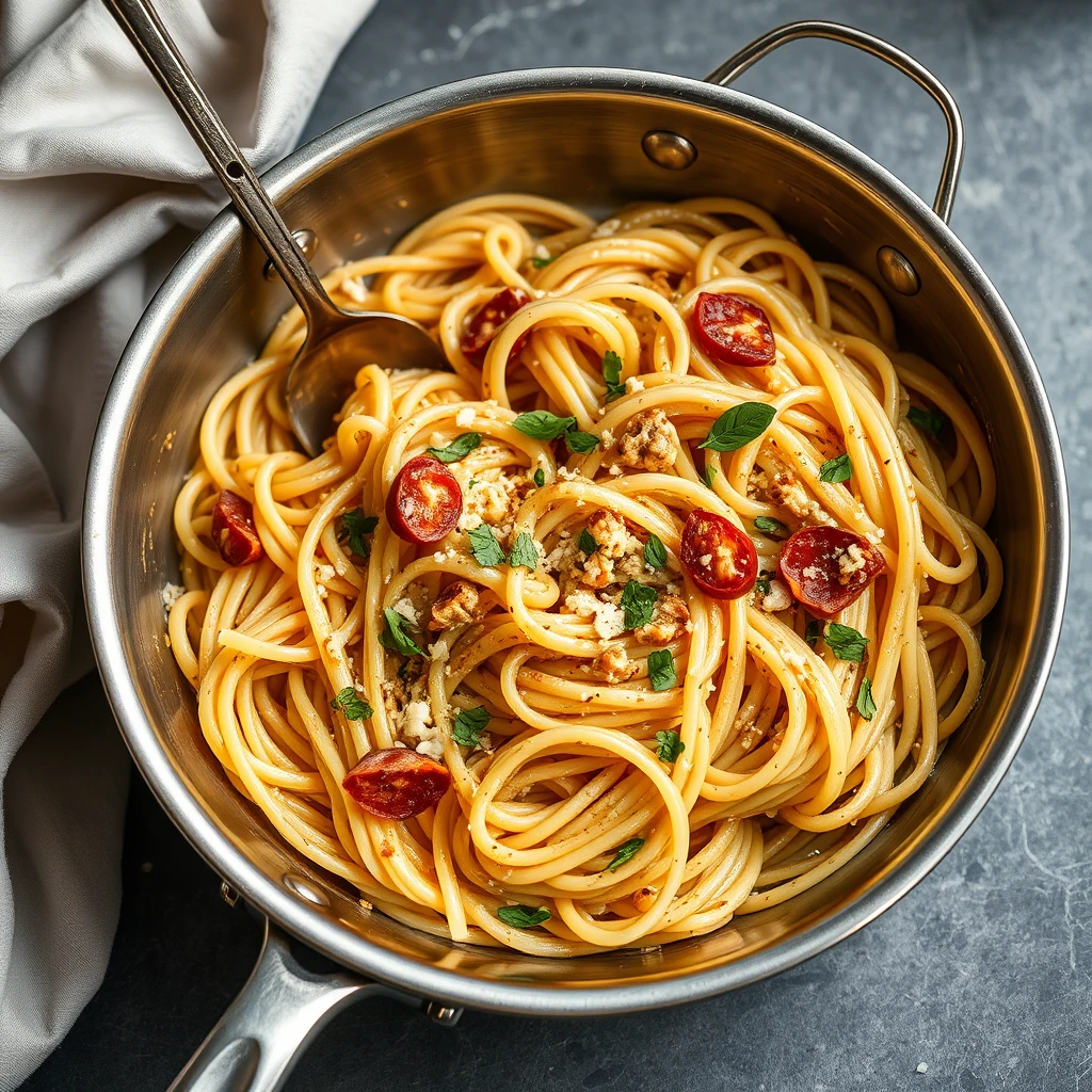 A hearty bowl of One-Pan Garlic Pasta with strands of spaghetti, sautéed garlic, and a drizzle of olive oil, ready to be enjoyed.