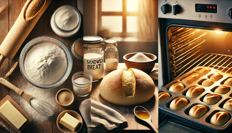 A side-by-side image showing sandwich bread ingredients on a kitchen counter, dough rising in a bowl covered with a cloth near a sunny window, and a shaped loaf of bread being placed into a glowing oven.