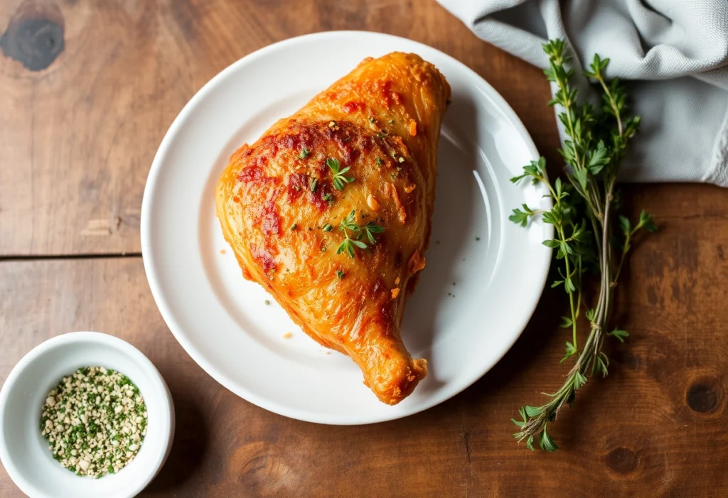 Juicy air-fried chicken breast on a white plate, garnished with herbs and displayed on a wooden table.