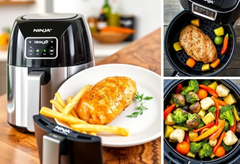 Collage of beginner-friendly Ninja air fryer recipes featuring crispy French fries, juicy air-fried chicken breast, and colorful roasted vegetables. Yummi Haven.