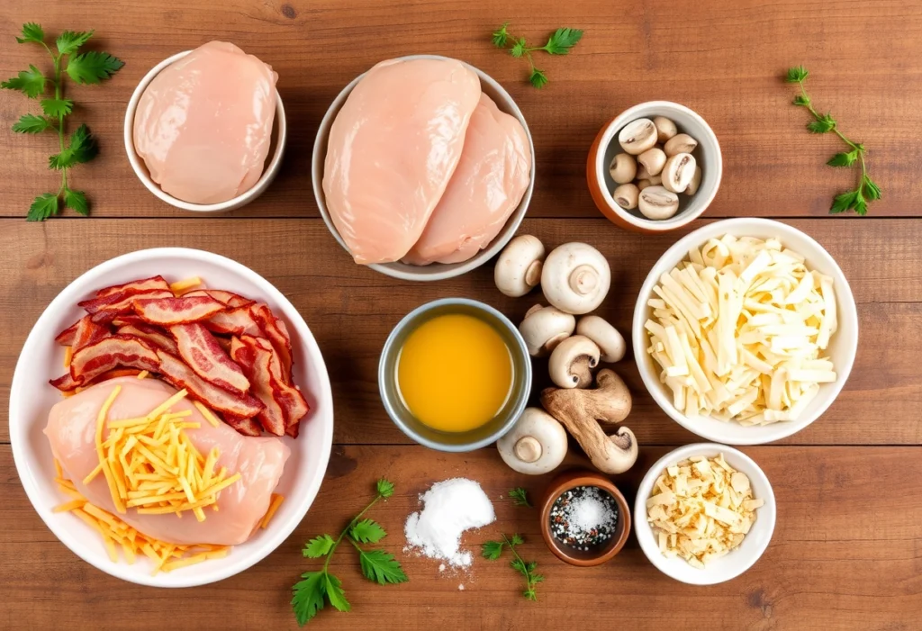 Flat lay of ingredients for Alice Springs Chicken recipe, including chicken, bacon, cheese, honey mustard sauce, and mushrooms, alice springs chicken recipe, Yummi Haven.