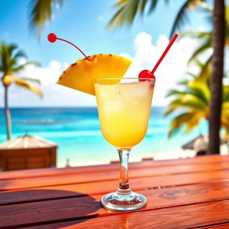 A vibrant Bahama Mama cocktail on a tropical beach with pineapple and cherry garnishes.