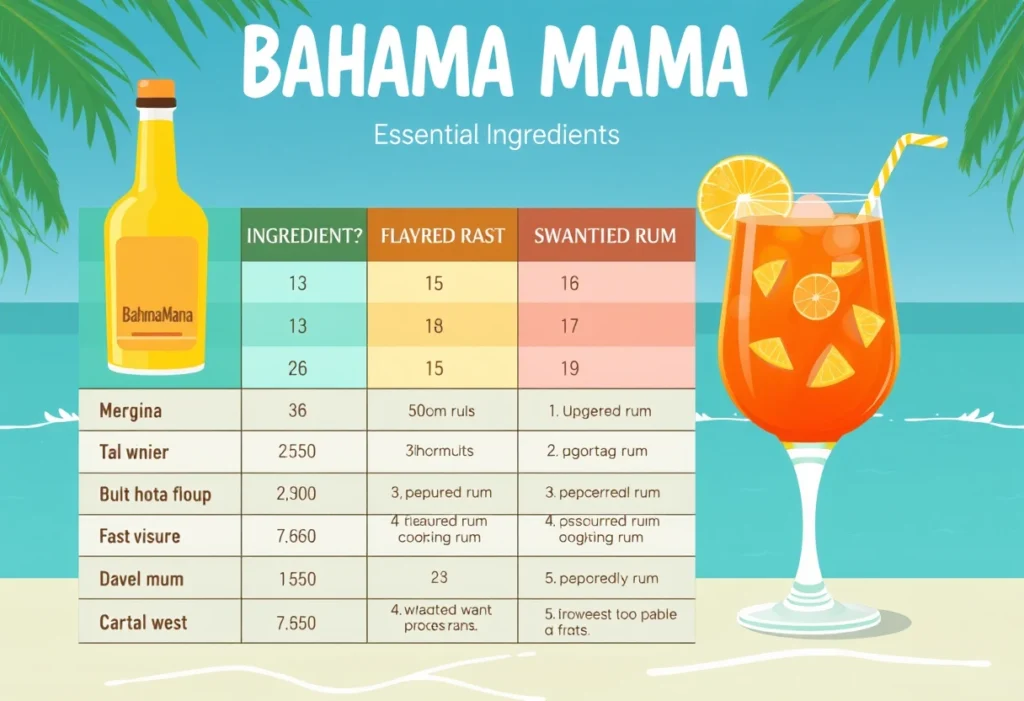 Infographic table displaying ingredients for a classic Bahama Mama cocktail and its variations.