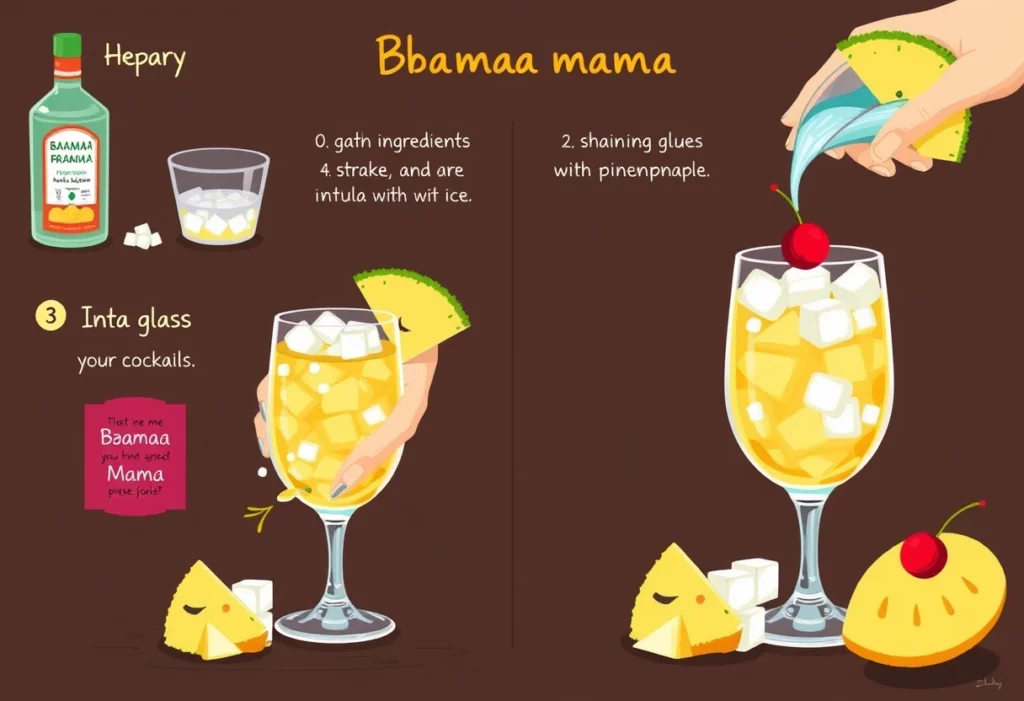 Step-by-step preparation guide for making a Bahama Mama cocktail.