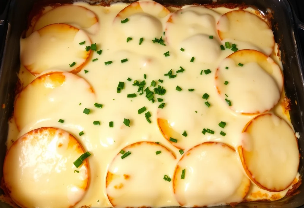 A golden dish of baked cheesy potatoes garnished with parsley, showcasing a comforting side dish, cheesy potatoes recipe, yummy haven, yummi haven.