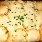 A golden dish of baked cheesy potatoes garnished with parsley, showcasing a comforting side dish, cheesy potatoes recipe, yummy haven, yummi haven.