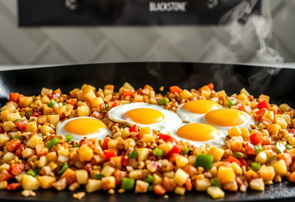 Hearty breakfast hash on a Blackstone griddle with potatoes, bell peppers, onions, and eggs, Blackstone recipes, yummi haven, yummy haven.