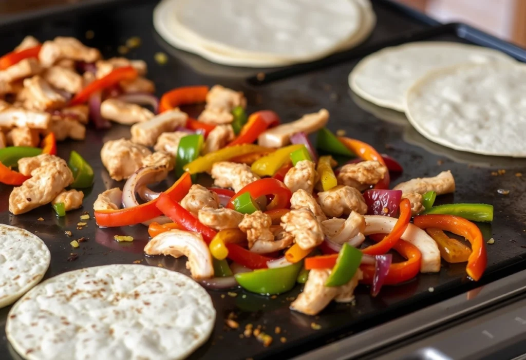 Sizzling chicken fajitas on a Blackstone griddle with colorful peppers and onions, Blackstone recipes, yummi haven, yummy haven.