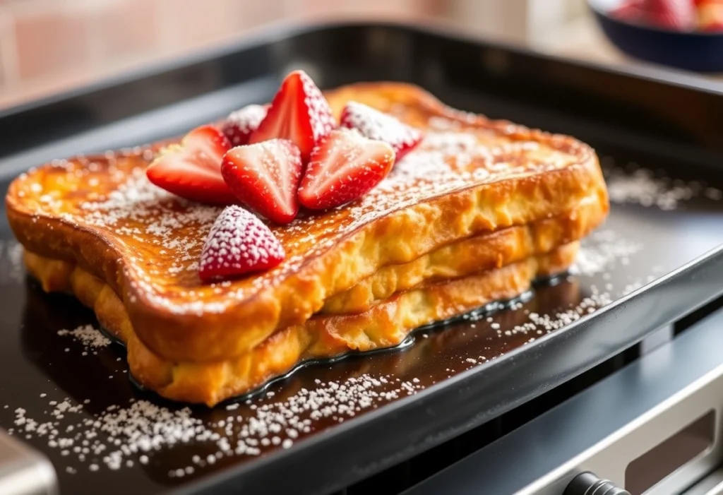 Golden brown French toast on a Blackstone griddle, topped with powdered sugar and fresh strawberries, Blackstone recipes, yummi haven, yummy haven.