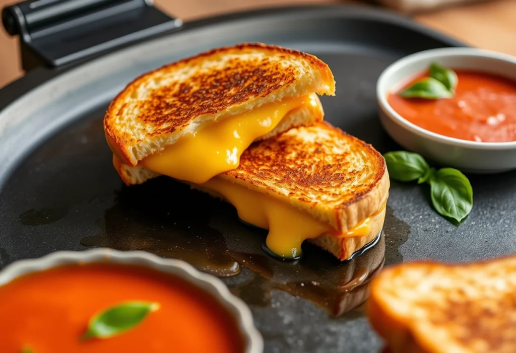 Golden grilled cheese sandwich on a Blackstone griddle, with melted cheese and a side of tomato soup, Blackstone recipes, yummi haven, yummy haven.