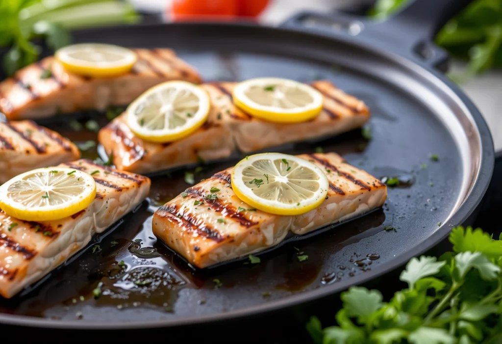 Grilled salmon fillets on a Blackstone griddle with herbs and lemon slices, Blackstone recipes, yummi haven, yummy haven.