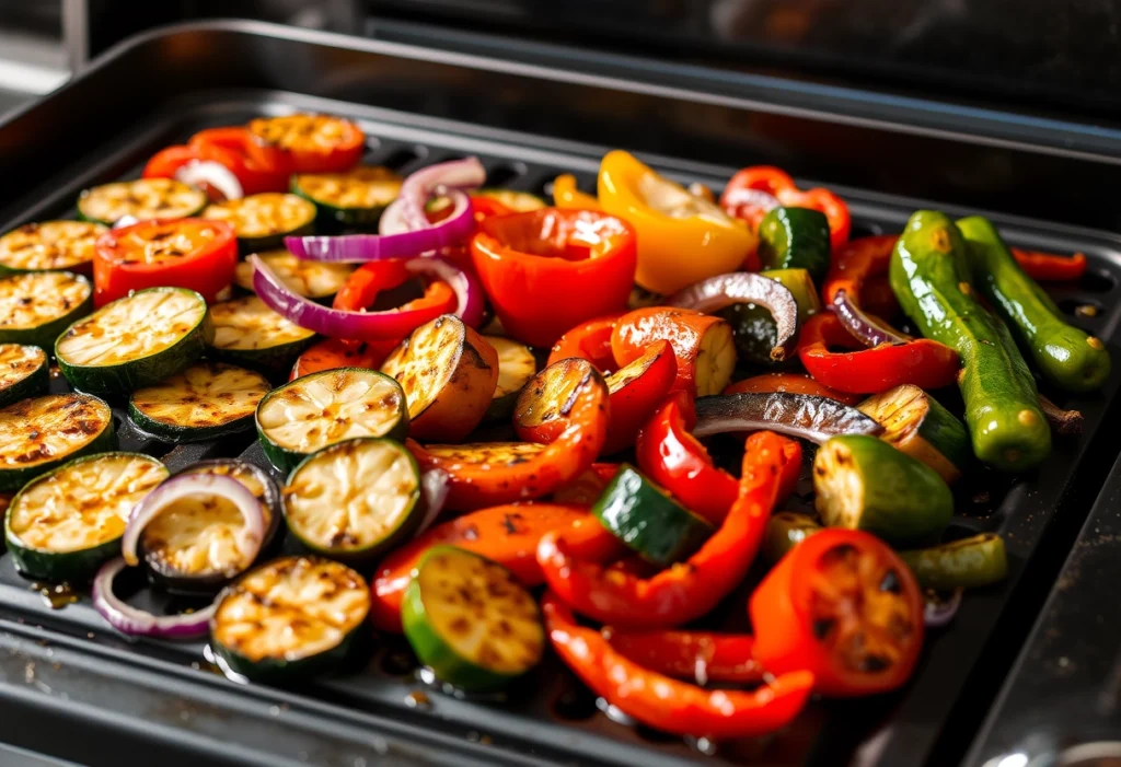 A colorful array of grilled vegetables on a Blackstone griddle, showcasing healthy cooking options, Blackstone recipes, yummi haven, yummy haven.