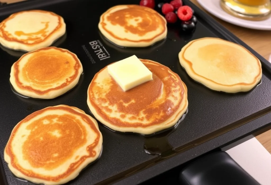 Fluffy pancakes cooking on a Blackstone griddle, topped with butter and surrounded by fresh berries, Blackstone recipes, yummi haven, yummy haven.