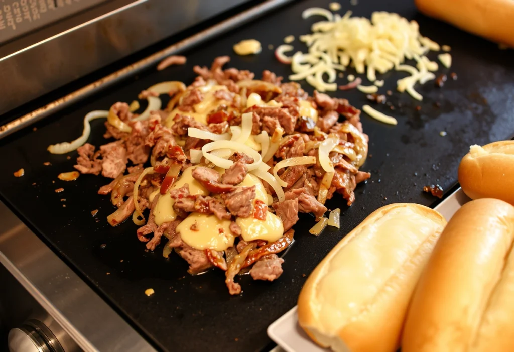 Classic Philly cheesesteak on a Blackstone griddle with beef, onions, and melted cheese, Blackstone recipes, yummi haven, yummy haven.