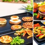 A vibrant collage of easy Blackstone recipes including pancakes, smash burgers, grilled vegetables, and chicken fajitas, Blackstone recipes, yummi haven, yummy haven.