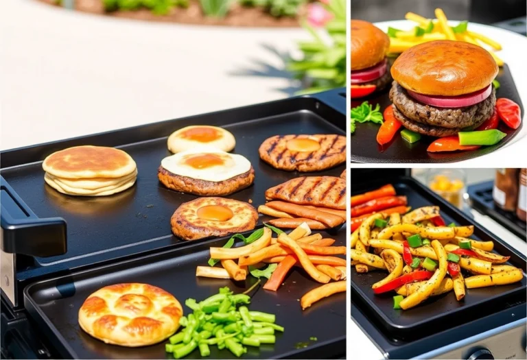 A vibrant collage of easy Blackstone recipes including pancakes, smash burgers, grilled vegetables, and chicken fajitas, Blackstone recipes, yummi haven, yummy haven.