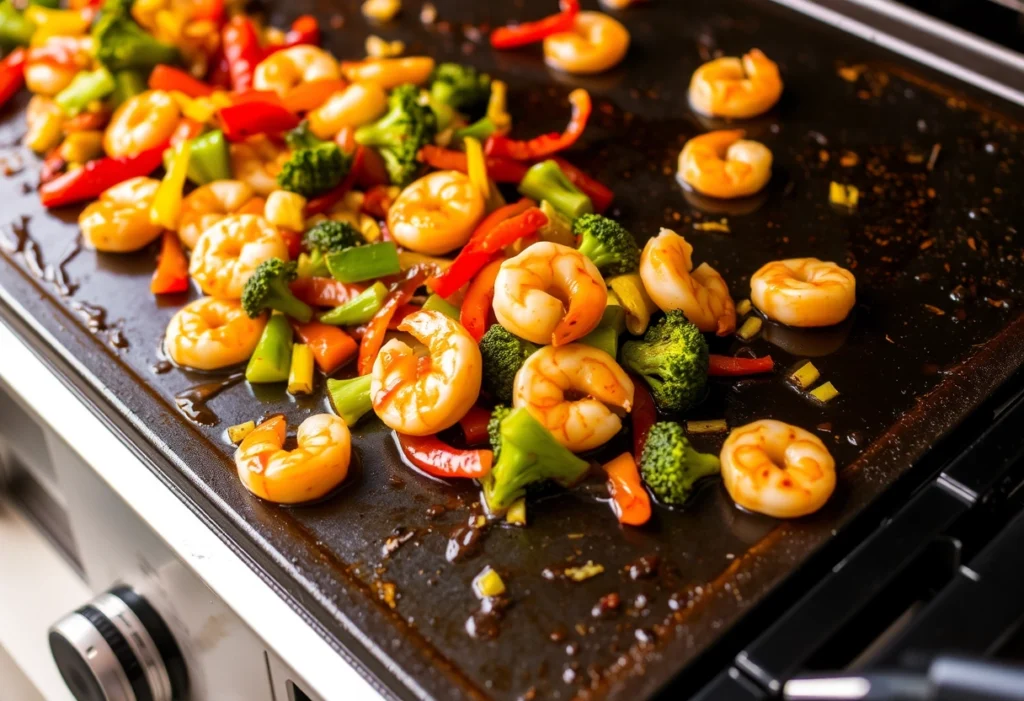 Shrimp stir fry on a Blackstone griddle with colorful vegetables and flavorful sauce, Blackstone recipes, yummi haven, yummy haven.