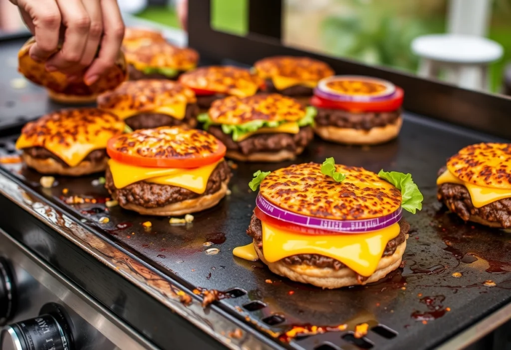 Juicy smash burgers on a Blackstone griddle, with melted cheese and fresh toppings ready to serve, Blackstone recipes, yummi haven, yummy haven.