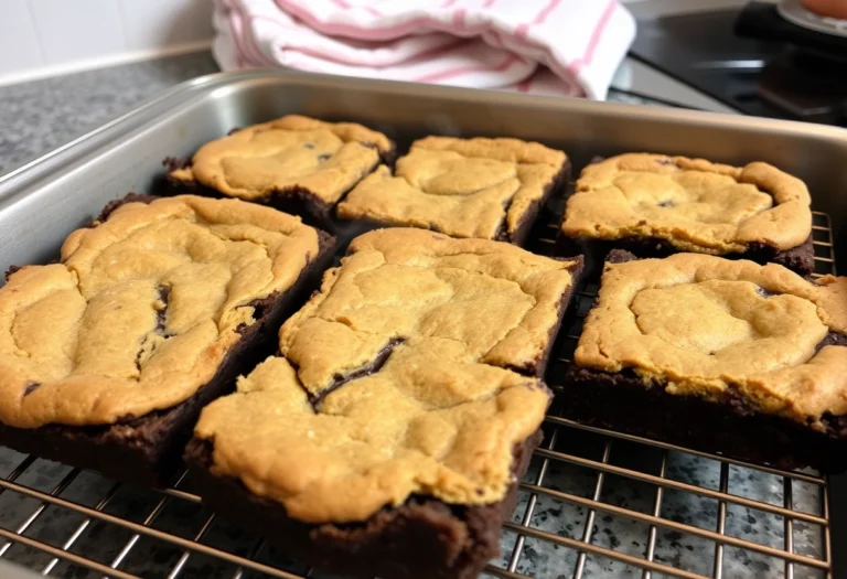 Freshly baked brookies cooling in a pan with a golden cookie layer and fudgy brownie base.