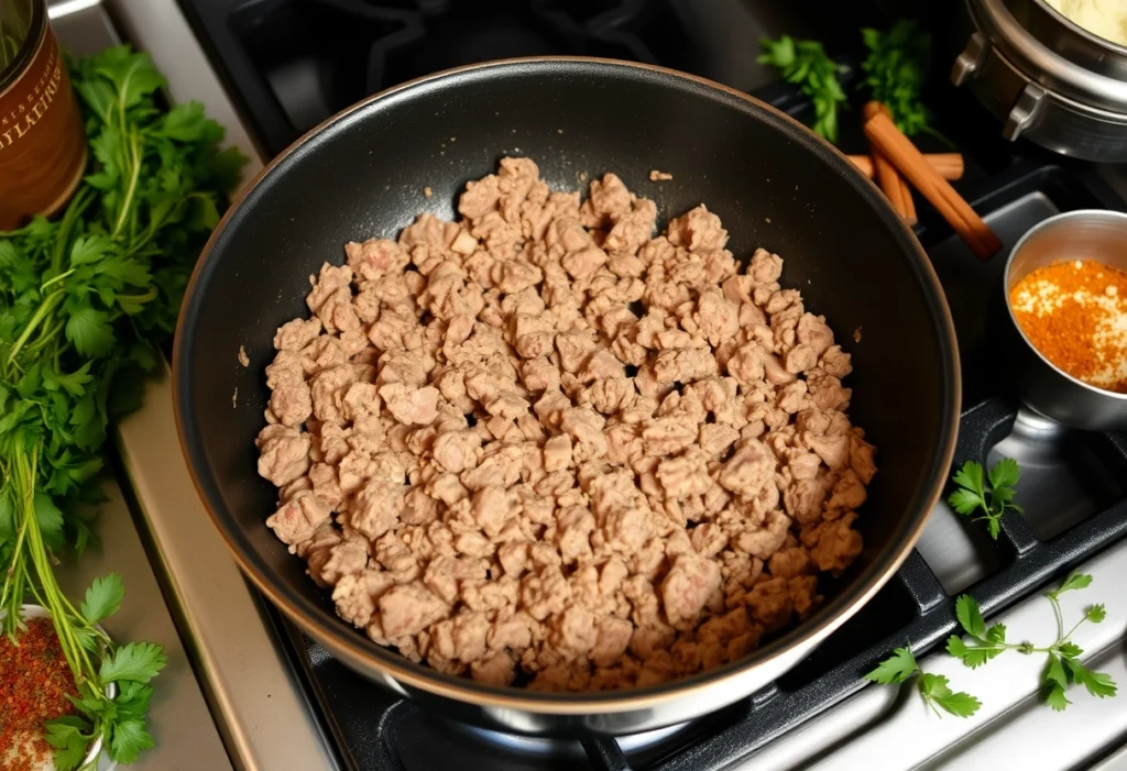 Skillet with browned ground beef, ready for Rotel dip preparation, Rotel dip recipe, yummi haven, yummy haven, Rotel dip recipe, yummi haven, yummy haven.