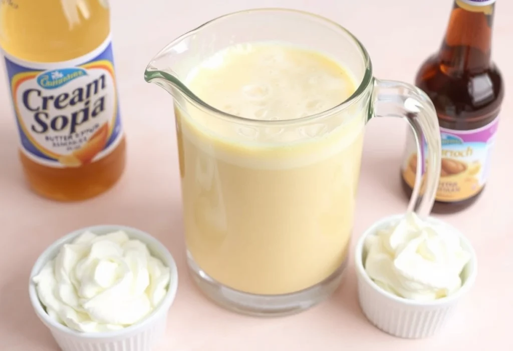 A pitcher of butterbeer mixture made from cream soda and butterscotch syrup, ready to be served, highlighting the mixing step in the recipe.