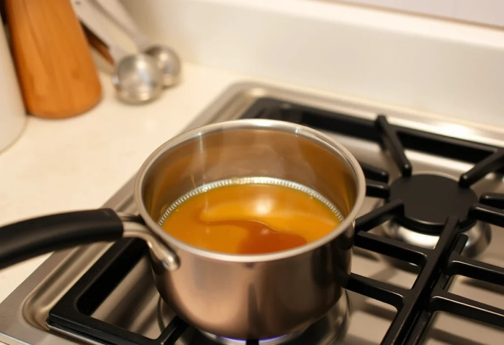 A saucepan with butterscotch syrup and vanilla extract simmering on the stove, illustrating the first step in making homemade butterbeer.