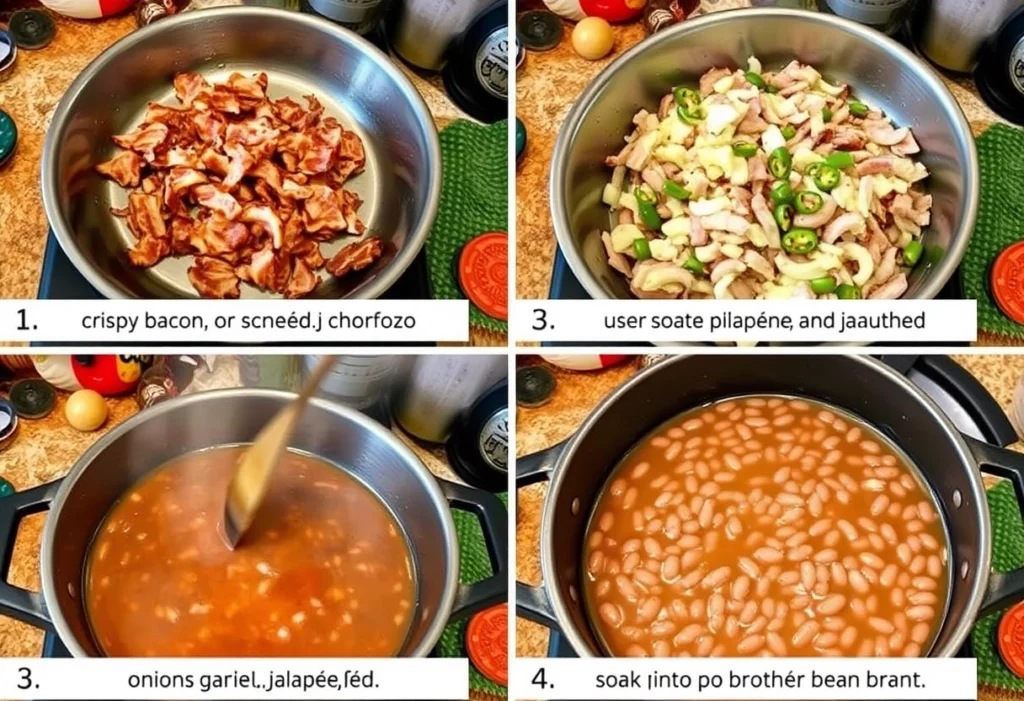 Step-by-step cooking process for charro beans, featuring bacon, onions, and pinto beans in a cozy kitchen, charro beans recipe, YummiHaven.