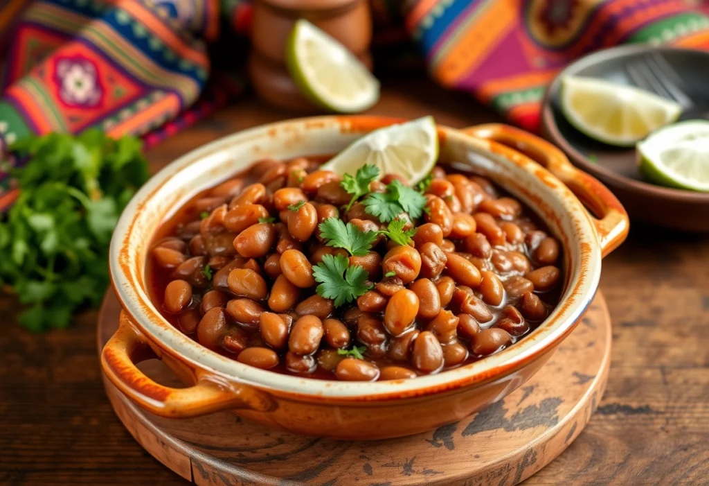 A vibrant serving of charro beans garnished with cilantro and lime in a traditional ceramic dish, charro beans recipe, YummiHaven.