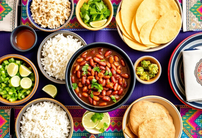 A festive table setting featuring charro beans, rice, and tortillas with garnishes, highlighting serving suggestions, charro beans recipe, YummiHaven