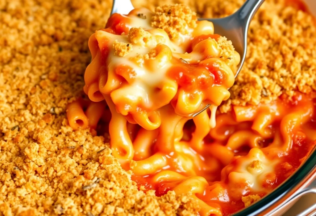 Cheesy ditalini pasta bake with marinara sauce, mozzarella, and crispy breadcrumbs.