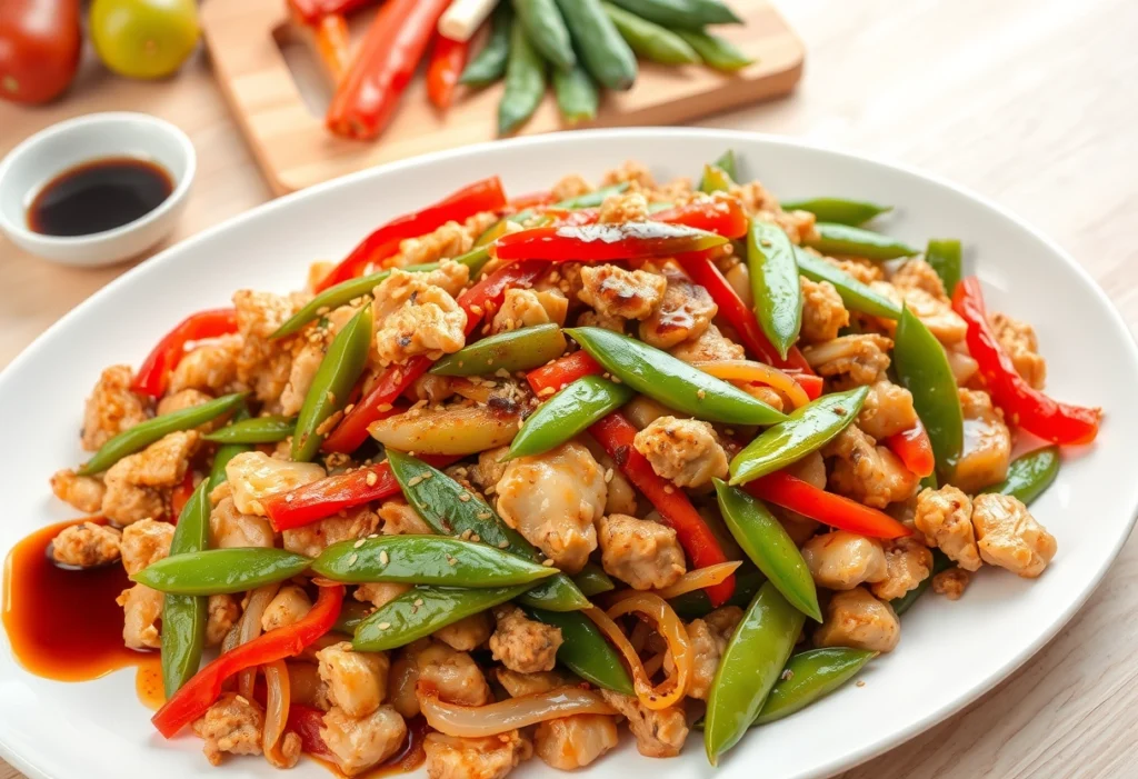 Chicken mince stir-fry with vegetables and soy sauce, a quick and healthy dinner option.