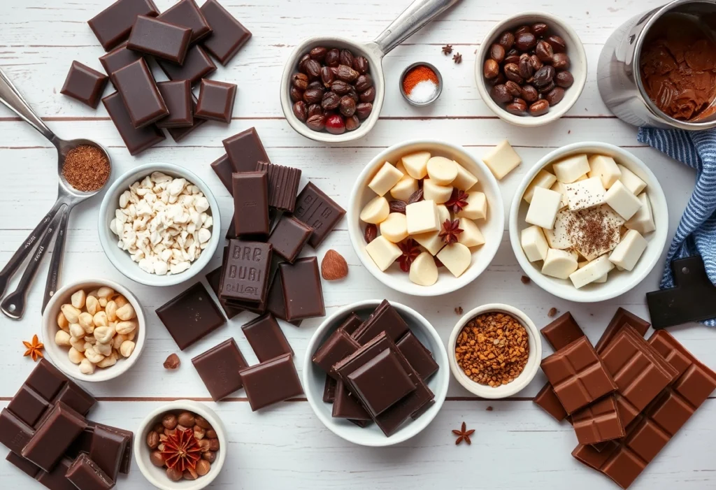 Flat lay of dark, milk, and white chocolate with inclusions like nuts and dried fruits for making homemade chocolate bars.