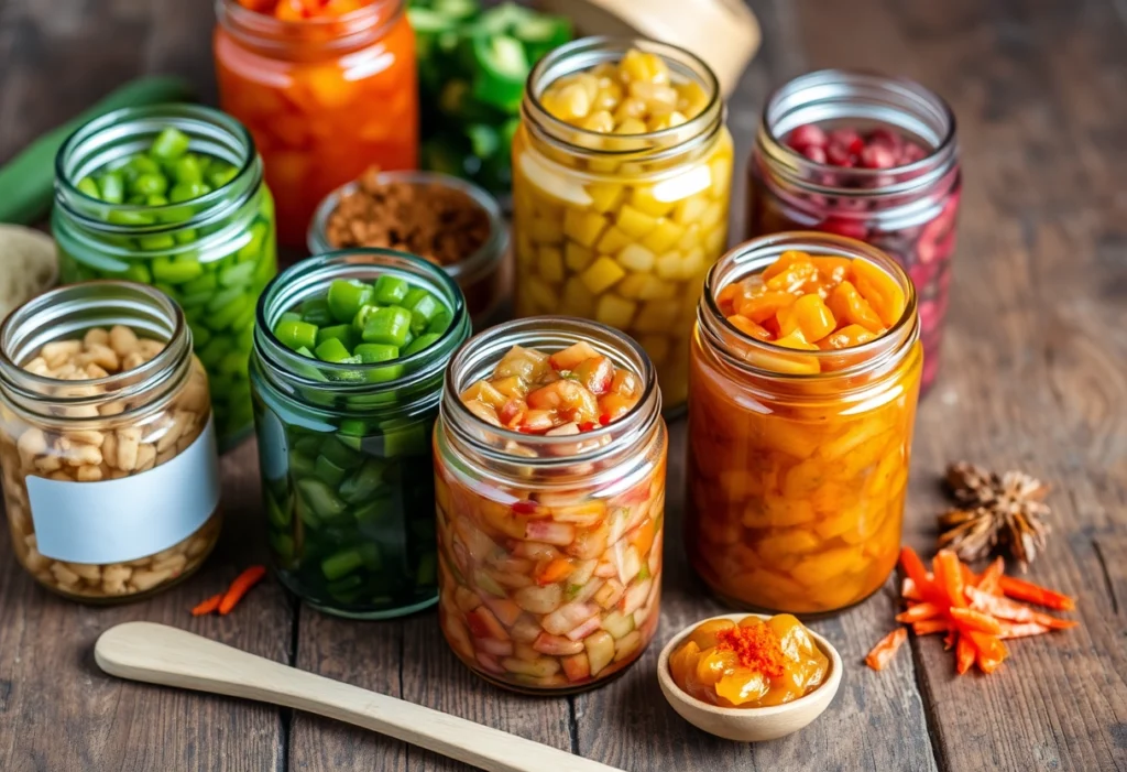 A collection of colorful Chow Chow jars showcasing fresh ingredients used in the Chow Chow recipe, Chow Chow Recipe, YummiHaven.