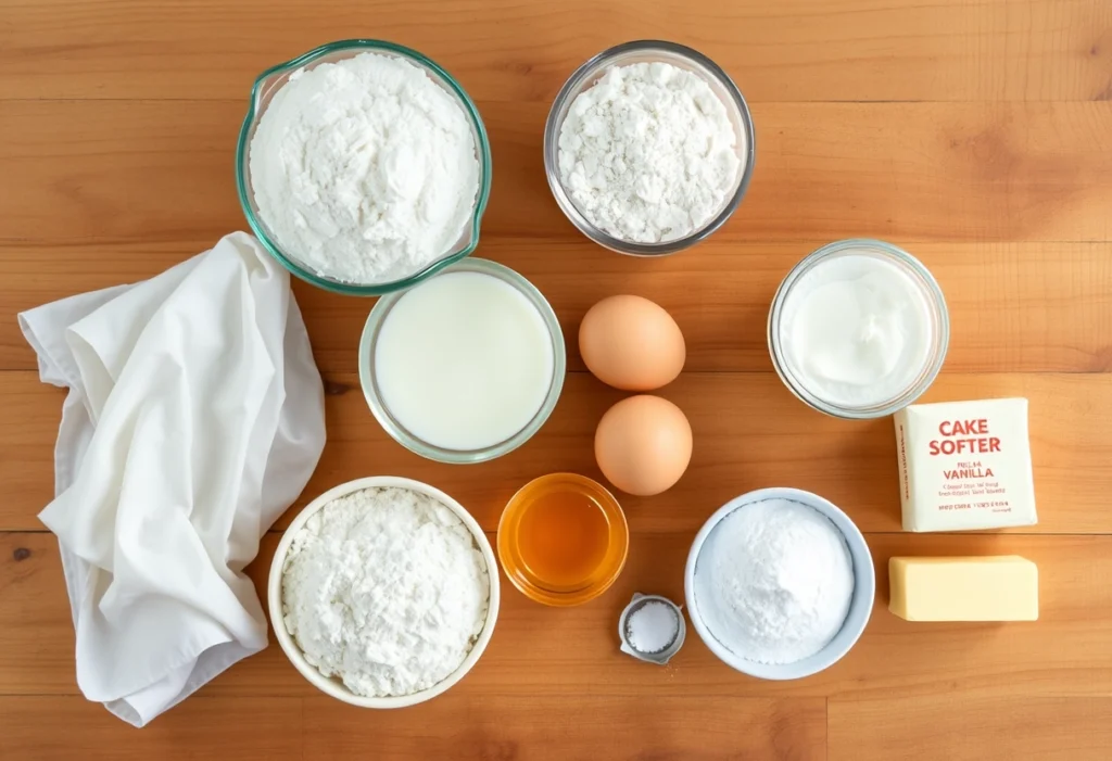 Flat-lay of classic cake ingredients including flour, sugar, eggs, milk, and butter, arranged on a wooden countertop, old school cake recipe, Yummi Haven, Yummy Haven.