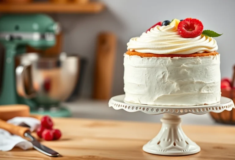 Thumbnail image of a beautifully frosted classic cake on a cake stand, set in a cozy kitchen environment, old school cake recipe, Yummi Haven, Yummy Haven.