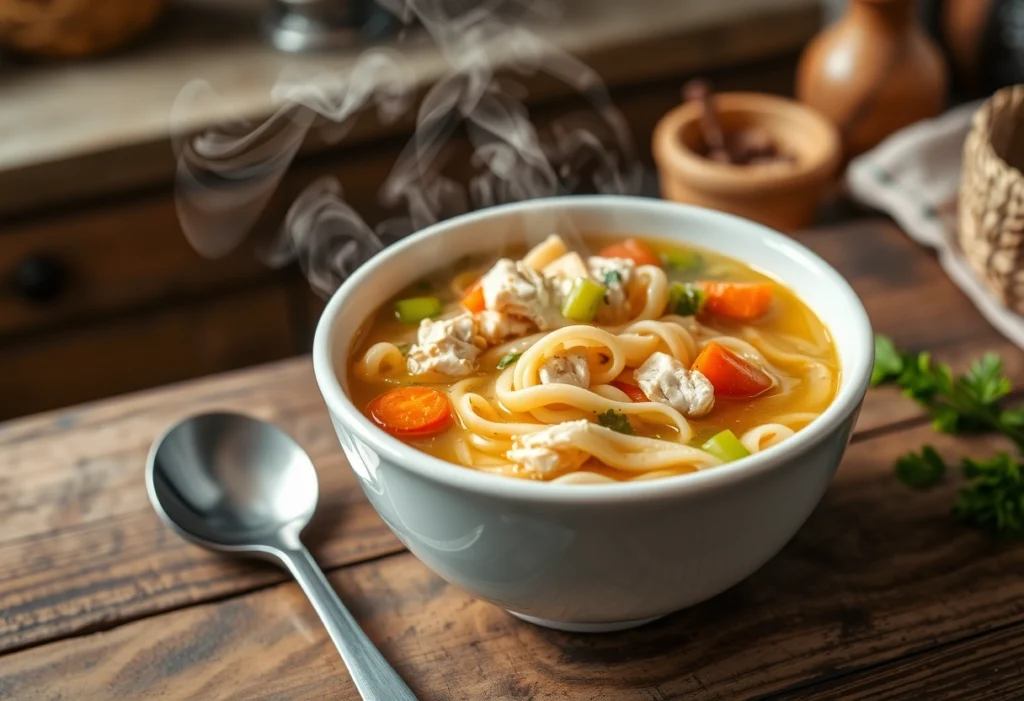 A steaming bowl of classic chicken noodle soup with noodles, chicken, and vegetables, served in a cozy kitchen setting.